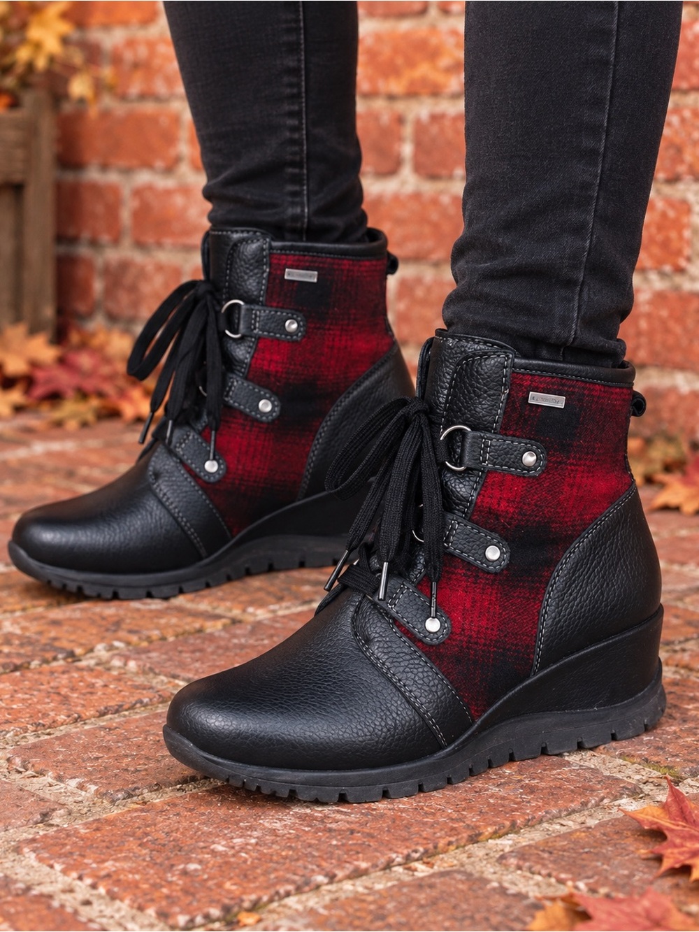 Bionica Red and Black Plaid Water Resistant Leather Ankle Booties